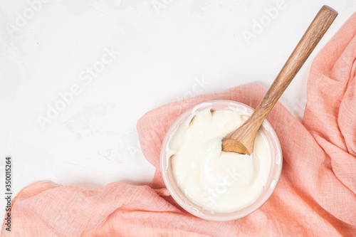 Cake cream. Whipped cream in a bowl. Cream texture. Buttercream texture on top. Making buttercream.