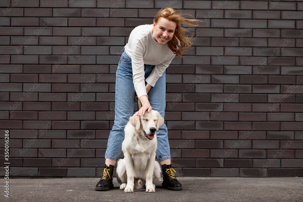 young beautiful girl stands with a dog on the street against the background of the wall, a woman walking a retriever puppy