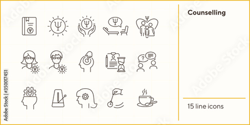 Counselling line icon set. Psi letter, hypnosis, cup of tea. Psychology concept. Can be used for topics like mental science, psychological help, assistance