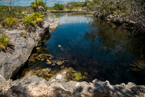 Beautiful Landscape natural view of transparent waters of turquoise blue Caribbean lagoon Yal-ku located in Mexican Mayan Riviera  Quintana Roo at Akumal