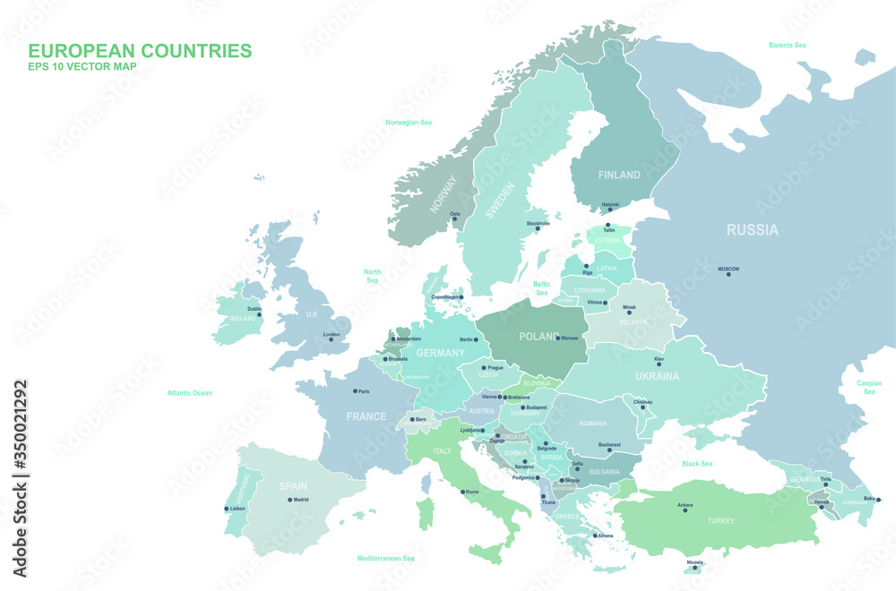 Europe Map Vector Map Of European Countries And Capital Stock Vector