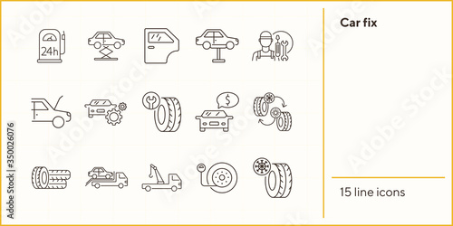 Car fix line icons. Set of line icons. Car lift, evacuator, mechanic. Car repair concept. Vector illustration can be used for topics like car service, business, advertising