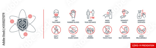 Prevention line icons set with shield isolated on white. outline symbols prevention tips Coronavirus Covid 19 pandemic banner. Quality elements tips preventive treatment and healthcare line icon
