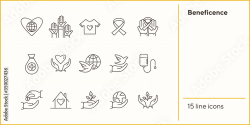 Beneficence icons. Line icons collection on white background. Cancer ribbon, conservation, crowdfunding. Help concept. Vector illustration can be used for topics like charity, support, volunteering