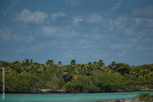Beautiful natural view of transparent waters of turquoise blue Caribbean lagoon Yal-ku located in Mexican Mayan Riviera, Quintana Roo at Akumal