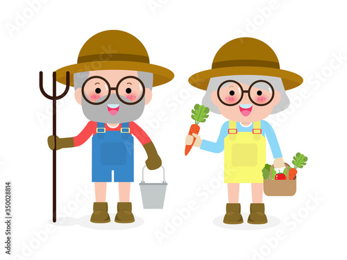 Happy farmers senior couple cute Cartoon characters of old man and old woman farming, Elderly Countryside concept vector flat design isolated on white background illustration.