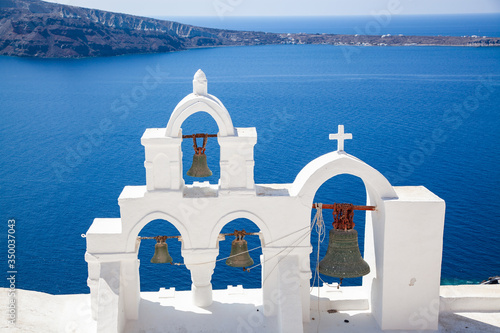 traditional white architecture over the Caldera, Aegean sea. Scenic travel background, Santorini