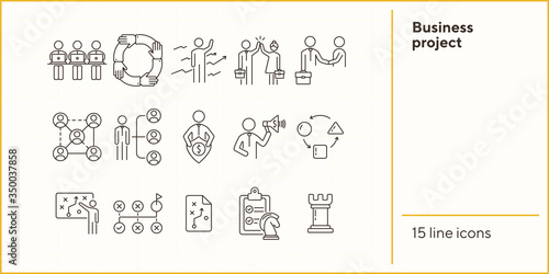 Business project icons. Set of line icons on white background. Strategist, strategic plan, scheme. Strategy concept. Vector illustration can be used for topics like business, management, planning