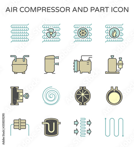 Air compressor or air condenser unit is a part of air conditioning HVAC systems. Vary type of compressor such as reciprocating, scroll, rotary, rotary vane. Including receiver. Vector icon design.
