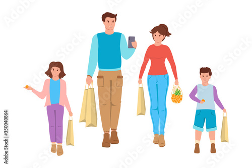 Happy family goes shopping flat cartoon people. Grocery bags, food packages. Smiling people father using smartphone. Mother and children casual clothes. Vector illustration isolated on a white