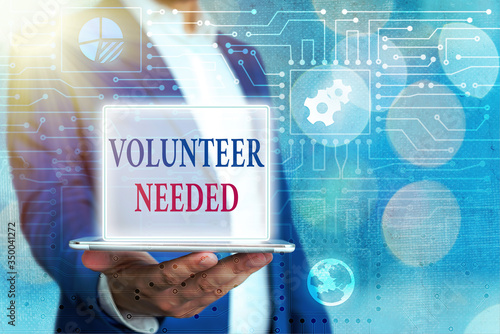 Text sign showing Volunteer Needed. Business photo showcasing asking an individual to work for organization without being paid photo