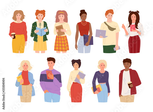 Young people set. Flat cartoon style. Group of Man and Woman student laptop smartphone. Different nations representatives with gadgets. Happy teen in casual clothes. Vector illustration