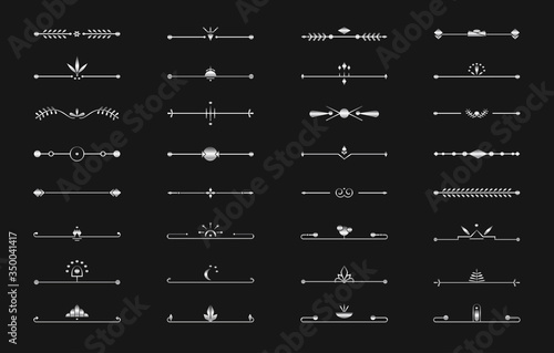 Divider silver line border set on black. Metallic text break. Graphic decorative element for design book page, wedding invitation card, menu retro, elegant decor art deco. Isolated vector illustration