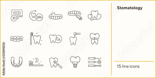Stomatology line icon set. Teeth, brush, dentist, implant, braces. Dental care concept. Can be used for topics like denture, dentistry, clinic
