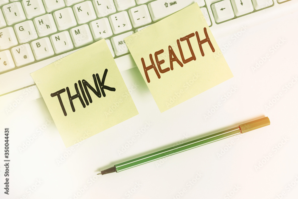 Writing note showing Think Health. Business concept for state of complete physical mental and social well being Square green note paper with pencil on the white background Writing note showing Think Health. Business concept for state of complete physical mental and social well being Square green note paper with pencil on the white background