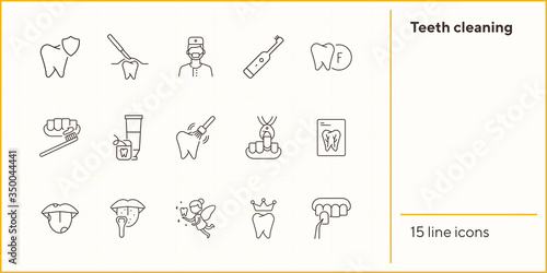Teeth cleaning line icon set. Doctor, brush, toothpaste, fairy. Dental care concept. Can be used for topics like denture, dentist, pediatric dentistry