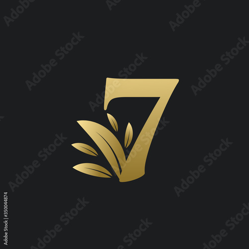 Golden Number Seven logo with gold leaves. Natural number 7 logo with gold leaf.