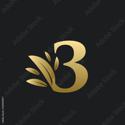 Golden Number Three logo with gold leaves. Natural number 3 logo with gold leaf.