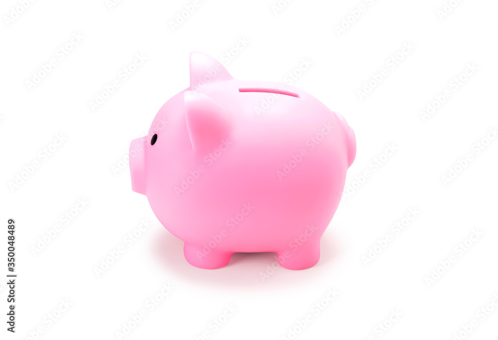 Pink piggy bank for save coin  realistic photo image on white background. Side view of Pig doll for saving money isolate with clip path for di cut.