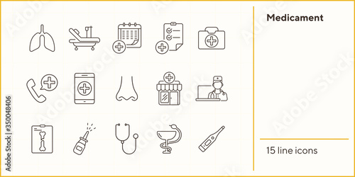 Medicament icons. Set of line icons. Drugstore, ambulance call, medical calendar. Medical treatment concept. Vector illustration can be used for topics like medicine, healthcare, medical service