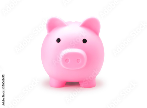 Pink piggy bank for save coin realistic photo image on white background. Front view of Pig doll for saving money isolate with clip path for di cut.