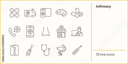Infirmary icons. Set of line icons. X-ray, stethoscope, nasal spray. Clinic concept. Vector illustration can be used for topics like medicine, healthcare, treatment
