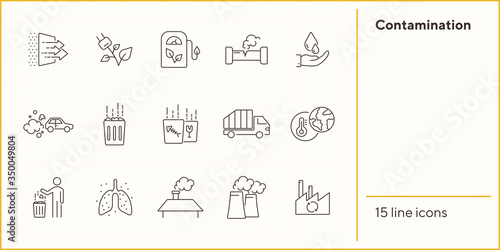 Contamination icons. Set of line icons. Air pollution, garbage, dust. Environment concept. Vector illustration can be used for topics like environment, nature, industry