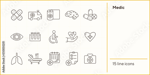 Medic icons. Set of line icons. Medical test tubes, cardiogram, medical calendar. Public health service concept. Vector illustration can be used for topics like medicine, healthcare, hospital
