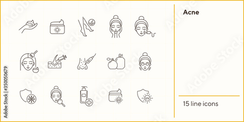 Acne line icon set. Female face, massage, peeling, cream. Skin care concept. Can be used for topics like beauty salon, cosmetology, cleaning, problem