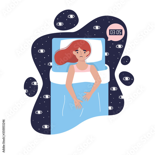 Tired young woman insomniac lying in bed with her eyes open. Woman try to sleep under blanket. Insomnia. Sleeplessness. Flat vector illustration.