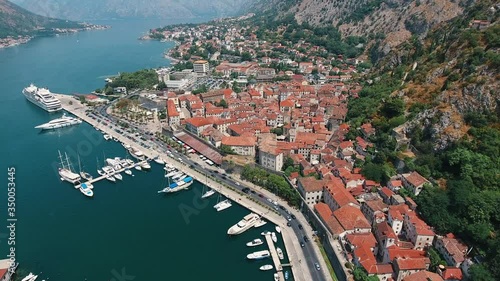 Aerial view of the beautiful Kotor Bay and old town with orange roofs