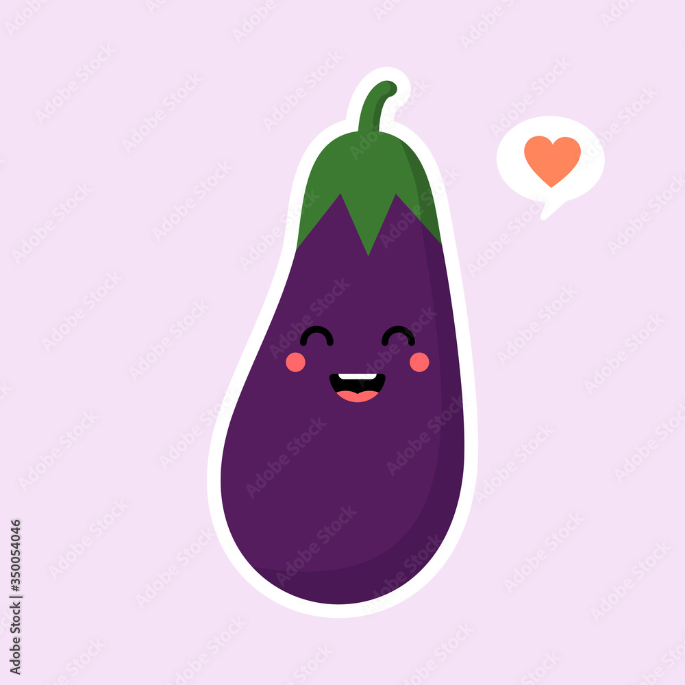 Cute and kawaii eggplant character. Vector illustration of eggplant. isolated object on a color background. Vegetarianism, vegan, mascot, healthy food, organic vegetables . For restaurant, culinary Cute and kawaii eggplant character. Vector illustration of eggplant. isolated object on a color background. Vegetarianism, vegan, mascot, healthy food, organic vegetables . For restaurant, culinary