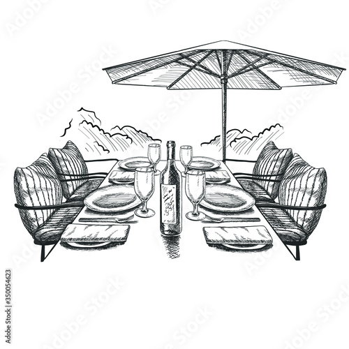 Vector illustration of hand drawn dinner table in the outdoor cafe with set of dishes and wine under umbrella.