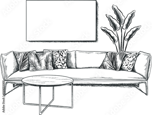 Hand drowning modern interior design. Vector sketch in black and white. Sofa and living room with coffee table, lots textile and painting and lighting. Place for your text copy space.