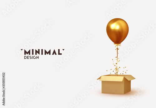 Golden Baloon with box and confetti explosion. Realistic design concept open cardboard box, releasing helium balloon. Celebrate a birthday, Poster, banner happy anniversary. Vector 3d object ballon photo