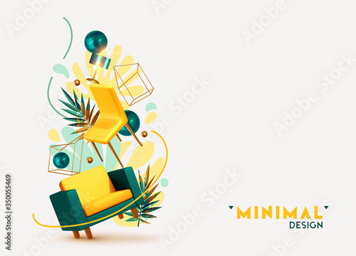Vector conceptual composition with 3d objects. House interior design. Creative illustration, levitation of furniture, concept of moving, the idea of repairing an apartment. Trendy banner or poster