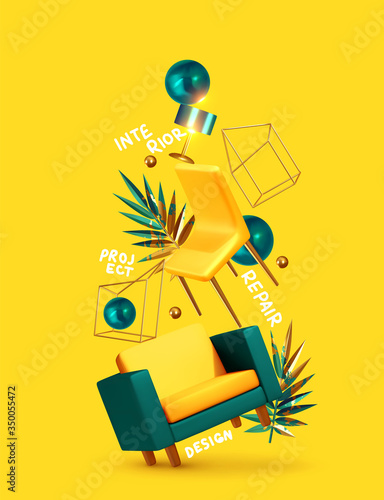 Vector conceptual composition with 3d objects. House interior design. Creative illustration, levitation of furniture, concept of moving, the idea of repairing an apartment. Trendy banner or poster