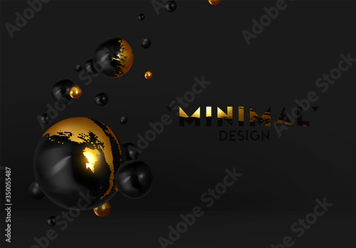 Abstract background with 3d spheres. Realistic group balls of black and gold color. modern minimal design with levitation balls. Glossy bubbles. Trendy banner or poster, cover. Vector illustration
