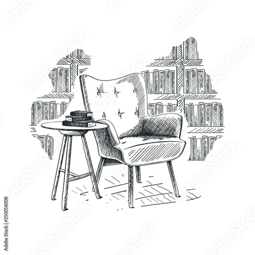 Hand drowning modern interior design. Vector sketch in black and white. Chair and library room with coffee table, books and book shelves.
