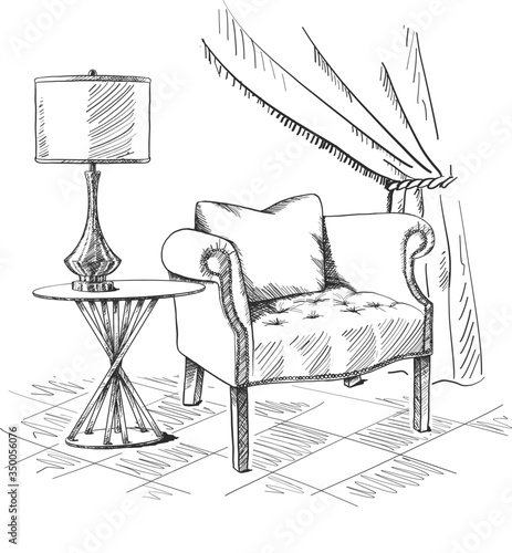 Vector hand drawing modern interior sketch. Living room furniture.