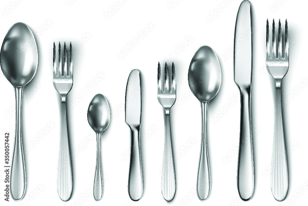 3d realistic cutlery set with table knife, spoon, fork, tea spoon and fish spoon. 3d realistic cutlery set with table knife, spoon, fork, tea spoon and fish spoon.