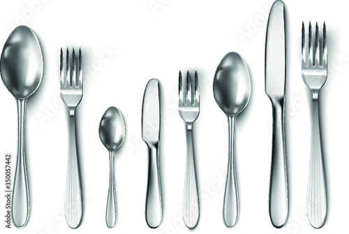 3d realistic cutlery set with table knife, spoon, fork, tea spoon and fish spoon.