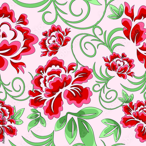 Seamless vector vintage floral pattern with red peony.