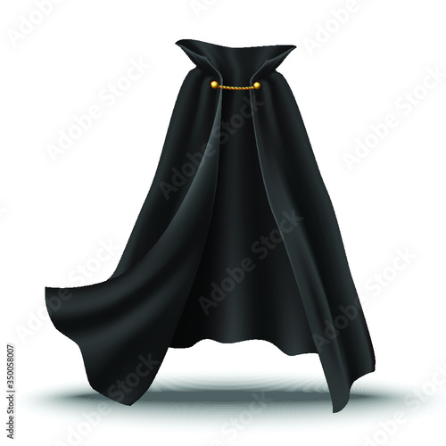 3d realistic cape in black with golden details. Flowing, wavy fabric for carnival, vampire, witches or illusionists. photo
