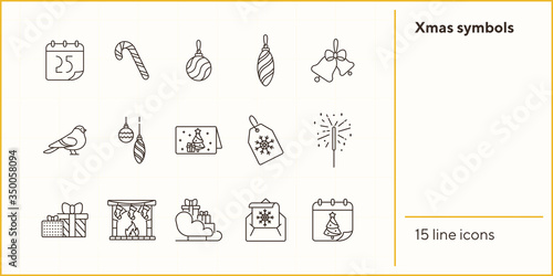 Xmas symbols line icon set. Bauble, Bengal fire, bell sign pack. Winter holidays concept. Vector illustration symbol elements for web design and apps