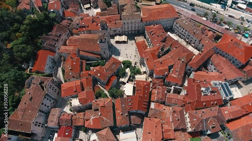Aerial view of the beautiful Kotor Bay and old town with orange roofs