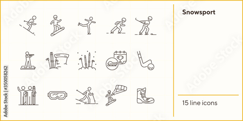 Snowsport thin line icon set. Skating, bobsleigh prize, snowboarding boots sign pack. Winter sports concept. Vector illustration symbol elements for web design and apps