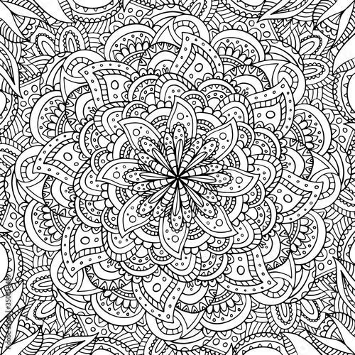 Square black and white hand drawn outline vector flower mandala colouring page for children, adults. Zentangle line art for meditation. Monochromic yoga print with plenty of details. EPS10, editable. 