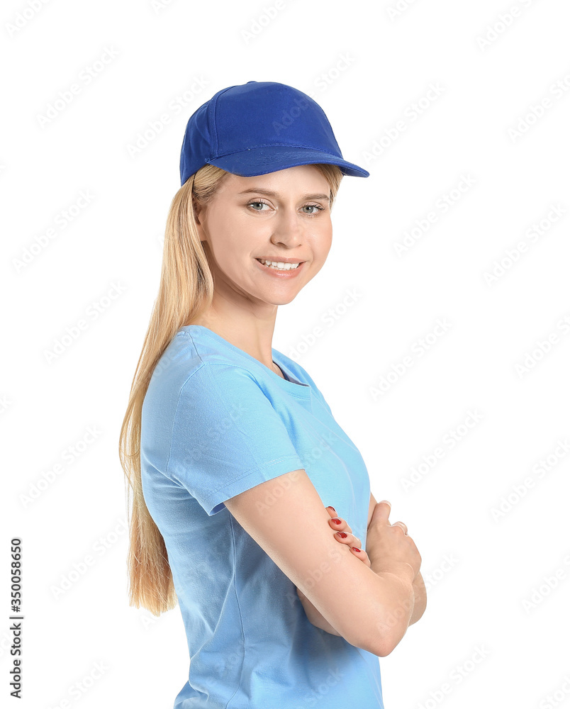 Beautiful young woman in stylish cap on white background Beautiful young woman in stylish cap on white background
