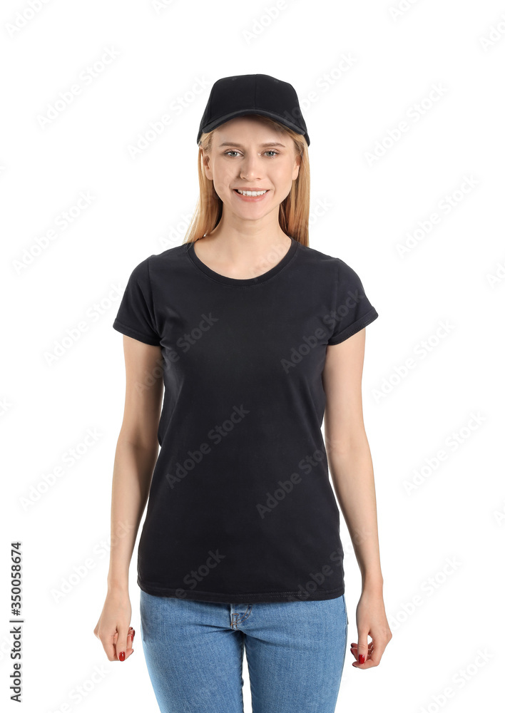 Obraz premium Beautiful young woman in stylish cap on white background